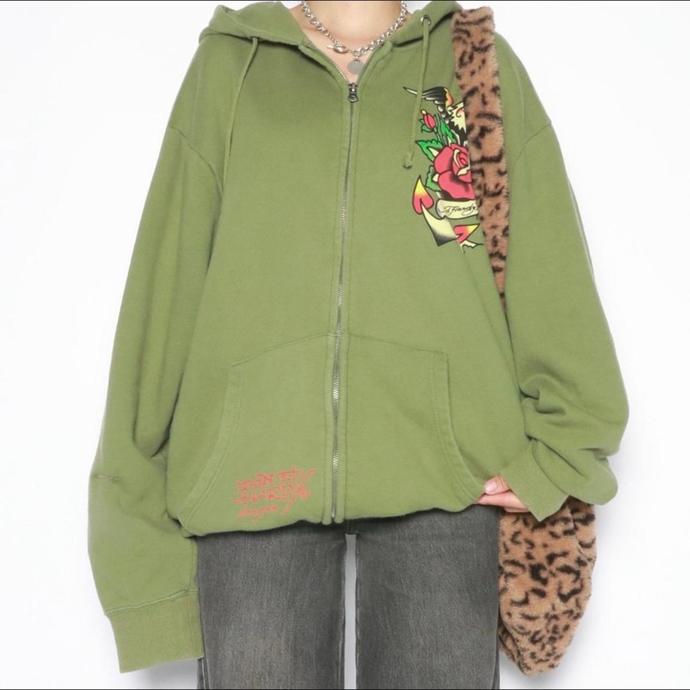 Y2K Ed Hardy Deadstock Green Zip Front Hoodie Jacket w/ Floral Graphic Detailing